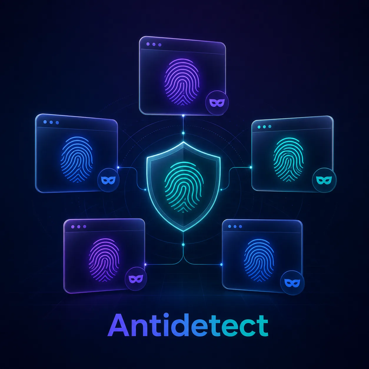 Concept illustration of multiple isolated antidetect browser profiles, each with a unique fingerprint and mask