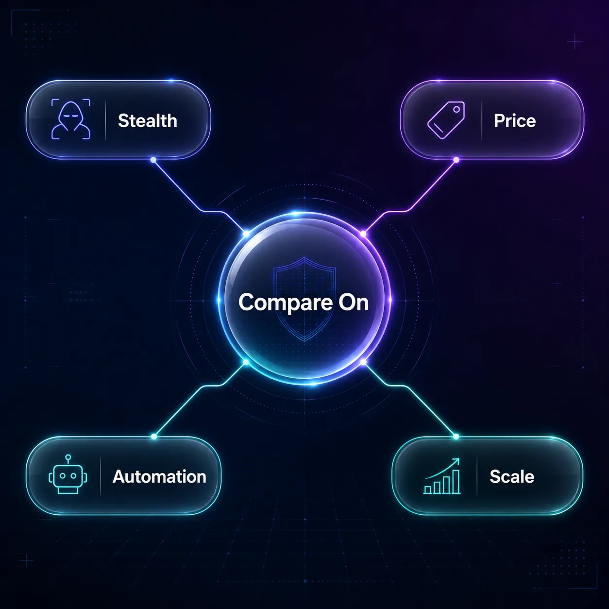 Infographic of the factors to compare antidetect browsers on: stealth, price, automation, and scale