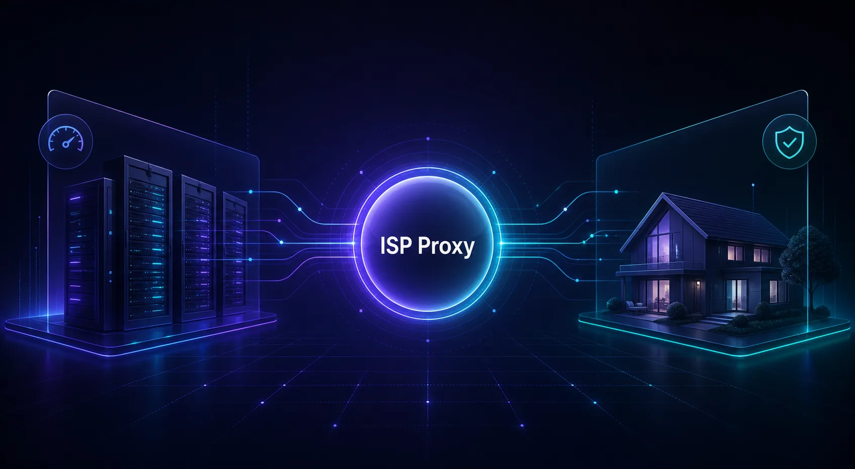 Concept illustration of an ISP proxy combining datacenter server speed with residential home-network trust