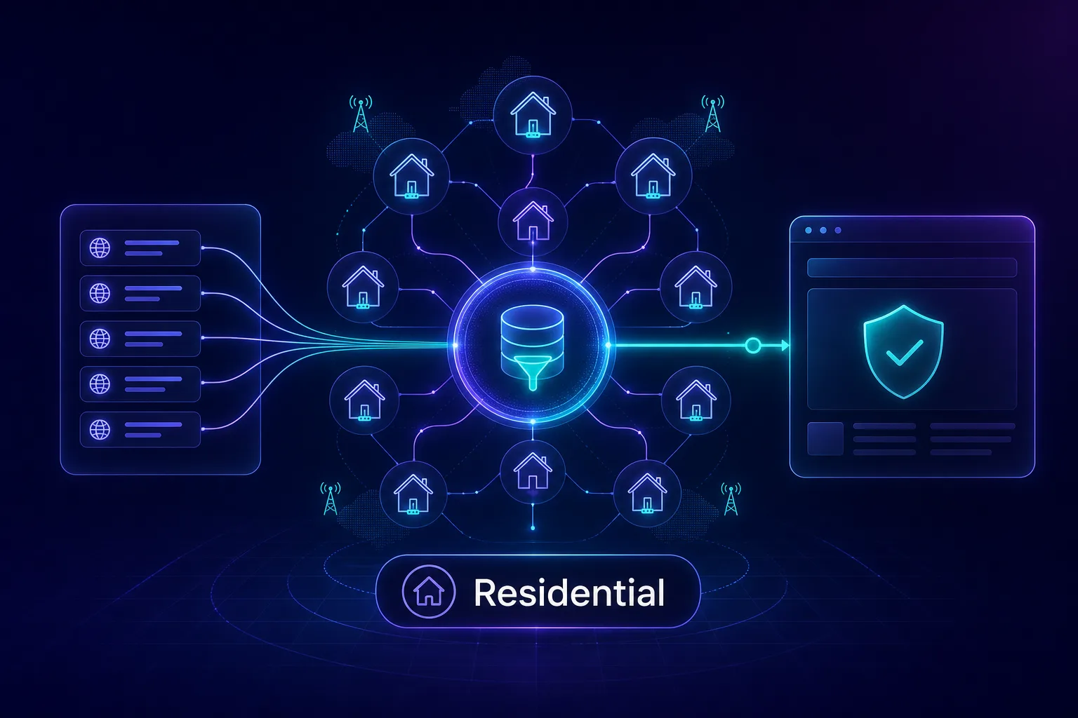 Concept illustration of a scraper routing requests through residential IPs on real home devices to reach a protected website