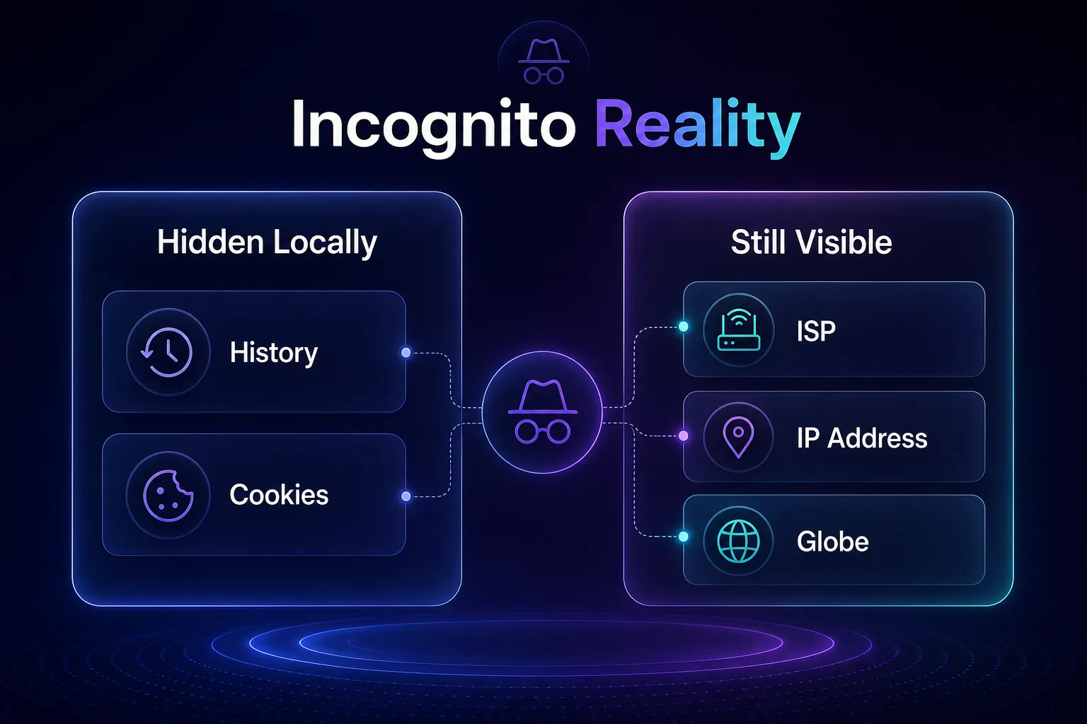 Infographic contrasting what incognito hides locally (history, cookies) with what stays visible (ISP, IP address, websites)