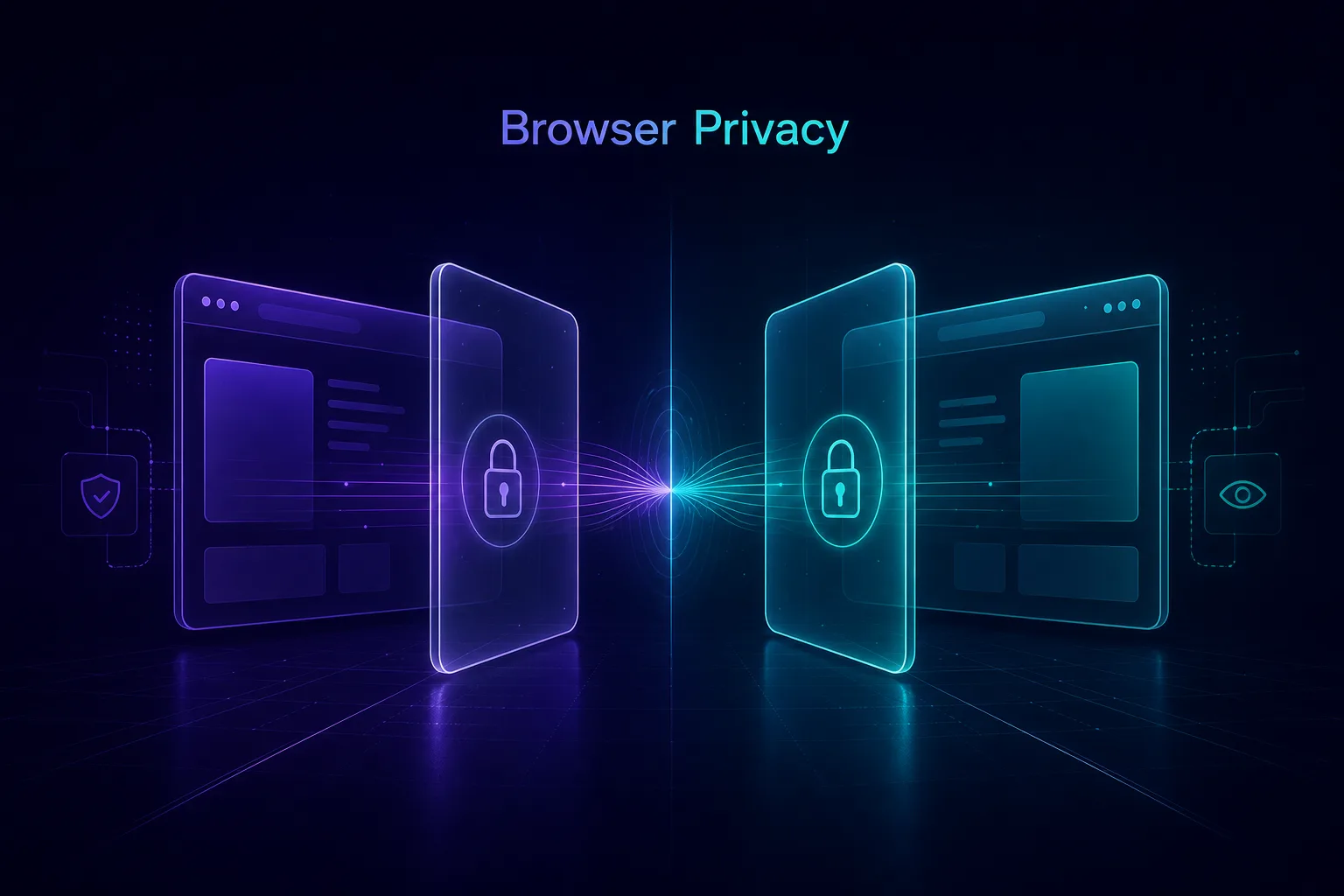 Concept illustration of two browsers facing off behind privacy shields, representing a browser privacy comparison