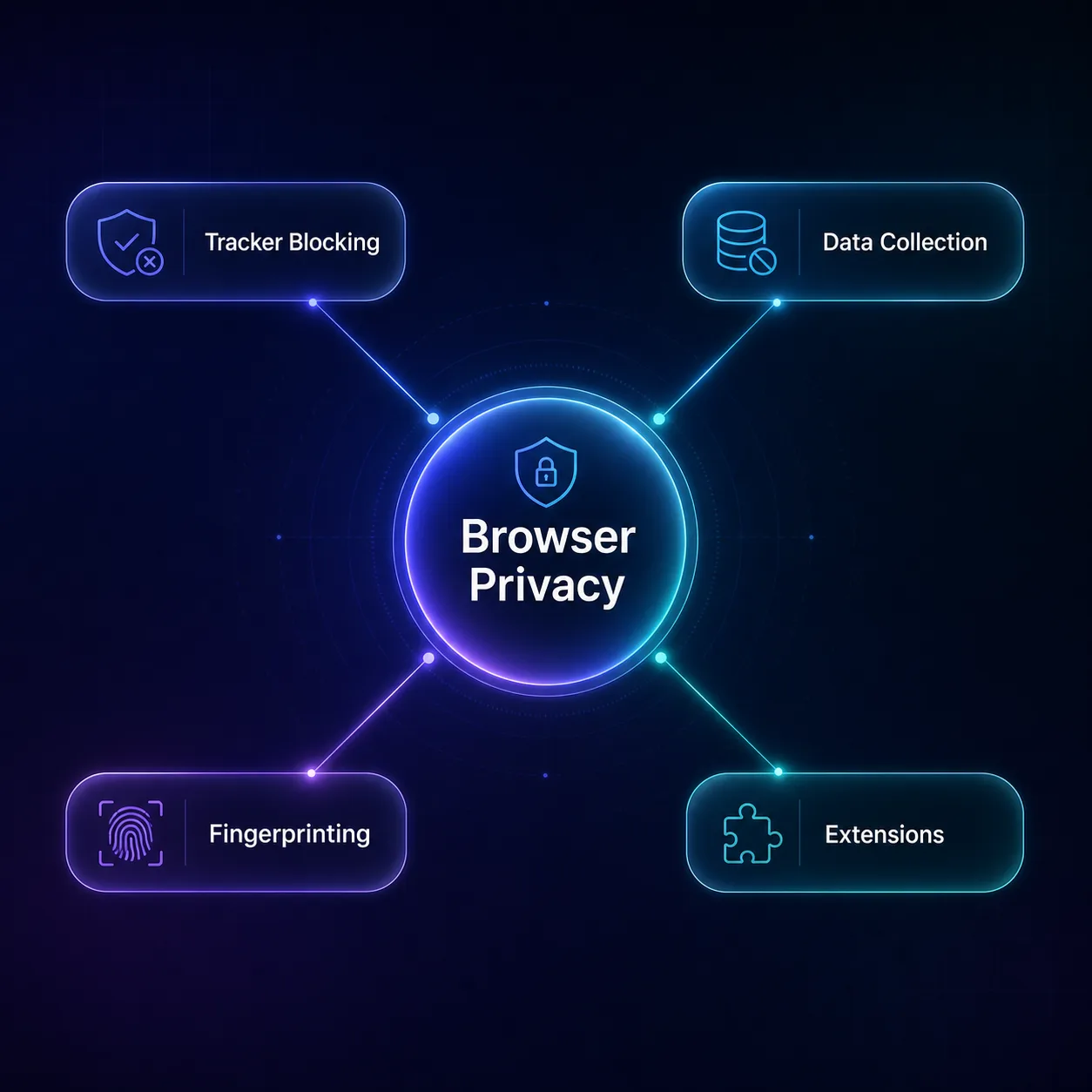 Mind-map of browser privacy factors: tracker blocking, data collection, fingerprinting, and extensions