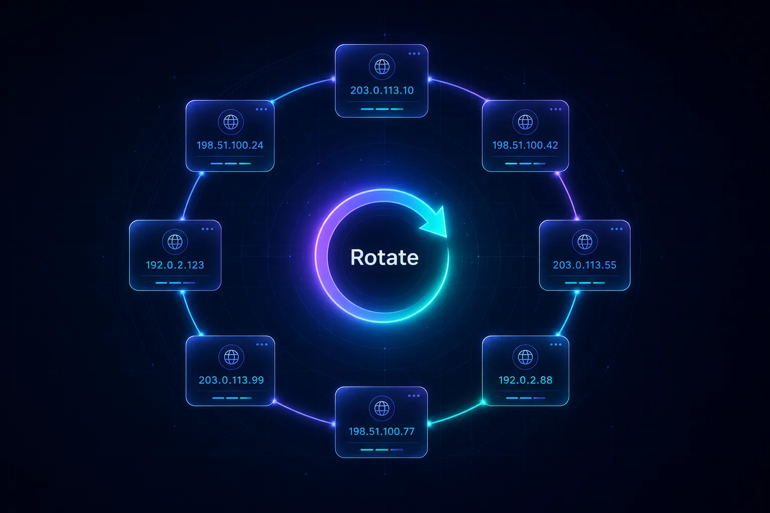Concept illustration of a proxy rotator cycling through a ring of IP address tiles