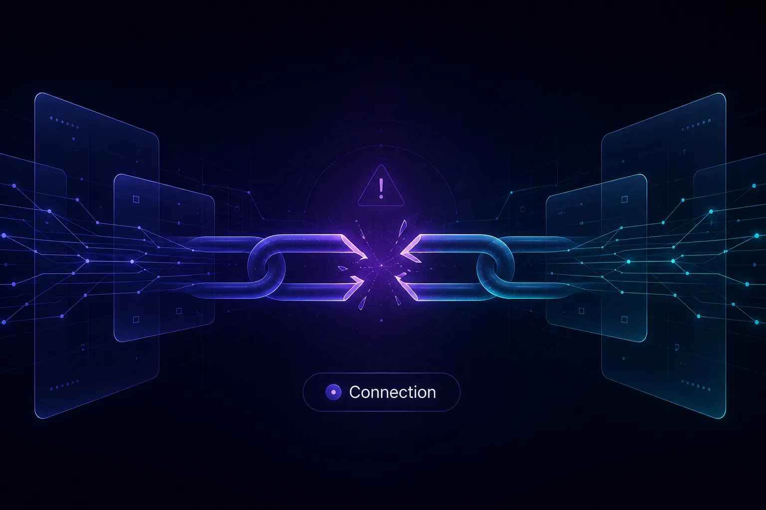 Concept illustration of a broken connection link in a network tunnel signalling a failed proxy connection