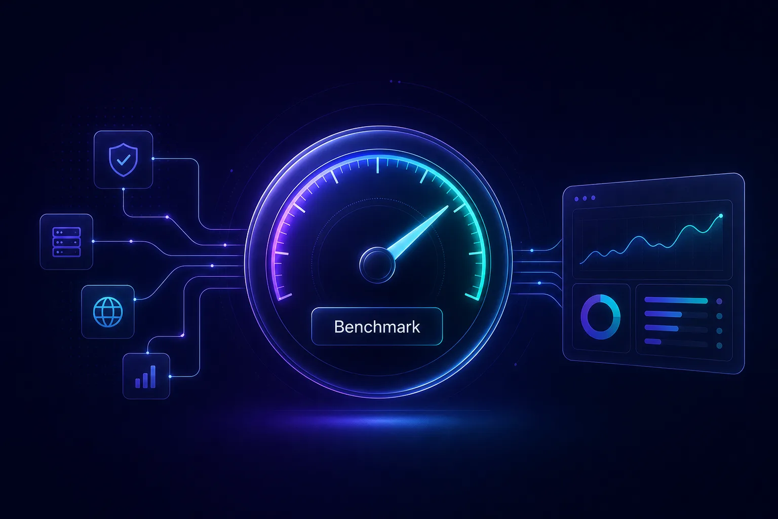 Concept illustration of a proxy benchmarking dashboard with a speedometer gauge and network nodes