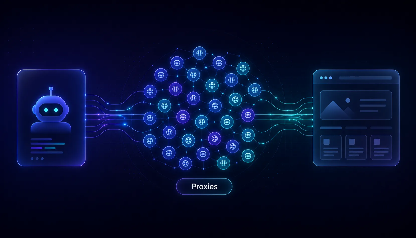 Concept illustration of a scraping bot routing requests through a pool of proxy IP nodes to a target website